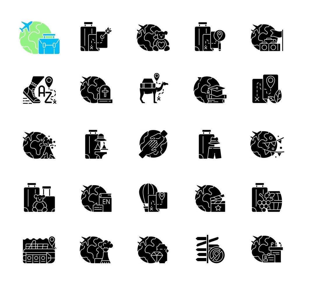 types d'icônes de glyphe noir de voyage sur un espace blanc vecteur