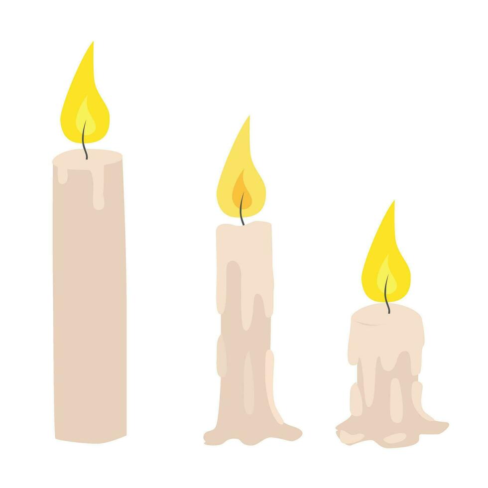 la cire bougies avec flamme dans différent étapes de brûler. enfouissement la cire bougies illustration. paraffine bougie avec Feu et la cire gouttes. plat vecteur dans dessin animé style isolé sur blanc Contexte.