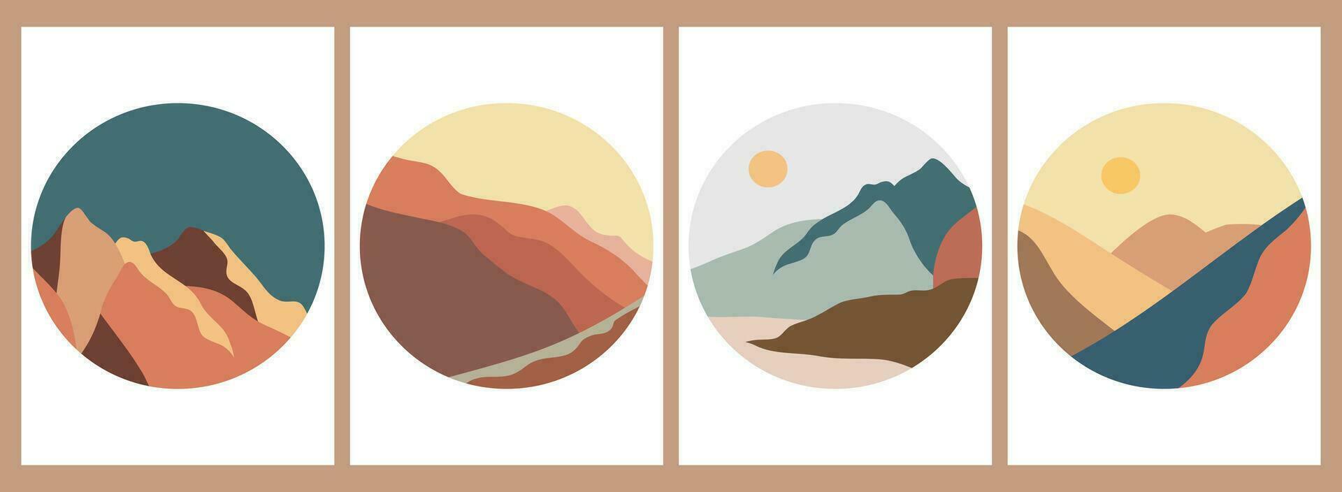 ensemble de rond montagnes logo. rond logo pour autocollants, affiche logos, carte. minimaliste style paysage des illustrations de milieu siècle moderne art avec rivière, collines, vague vecteur