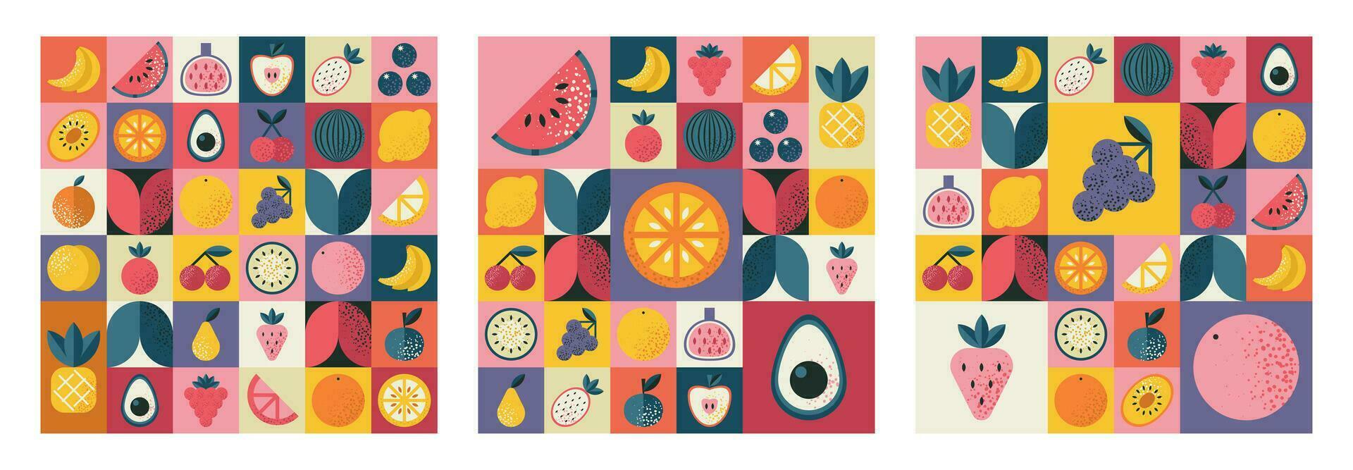 ensemble de abstrait géométrique motifs avec divers des fruits dans bauhaus style. rétro la grille Contexte. ancien multicolore mosaïque tuile avec géométrique formes. texture pour textile, couverture, la toile conception, menu. vecteur