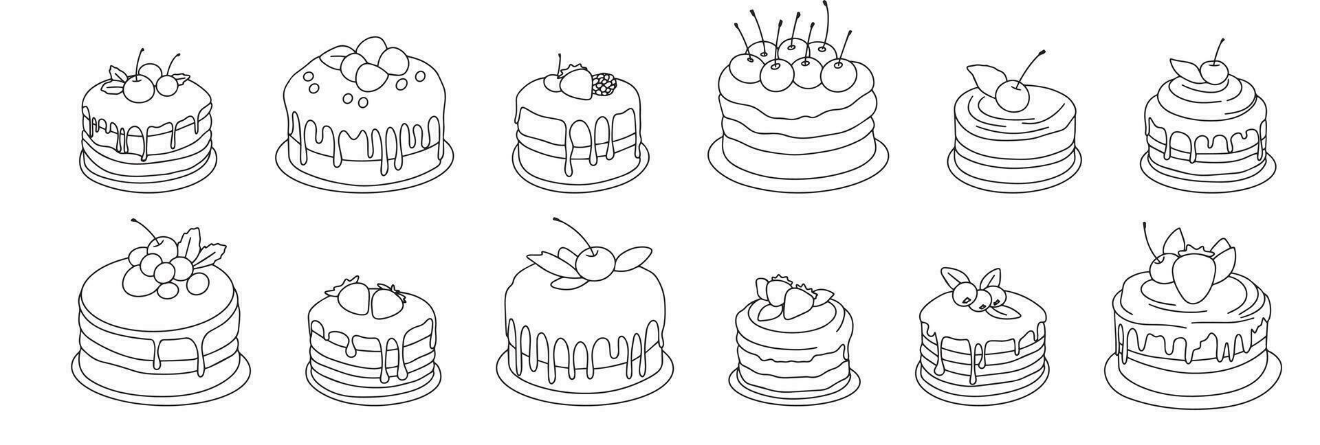 collection de Gâteaux dans griffonnage style. main tiré gâteau isolé sur blanc Contexte. ensemble de contour Gâteaux pour icône ou logo. vecteur illustration.