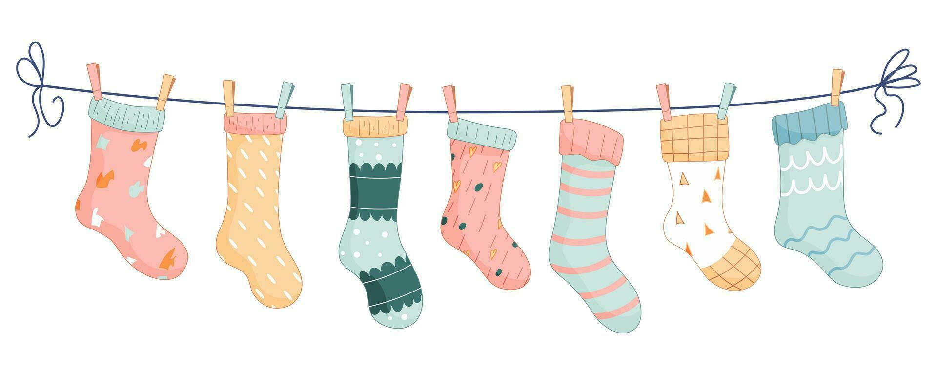 sept bébé chaussettes avec motifs sur une corde avec coloré pinces à linge. vecteur illustration