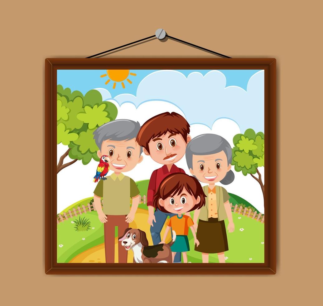 famille heureuse dans la photo de scène de parc dans un cadre accroché au mur vecteur