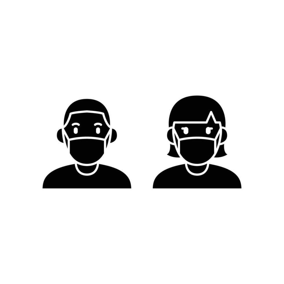 une homme et femme porter une masque icône. gens portant protecteur chirurgical masque. concepts de poussière, coronavirus quarantaine covid-19 remarquer sécurité signe solide vecteur illustration conception blanc Contexte eps10