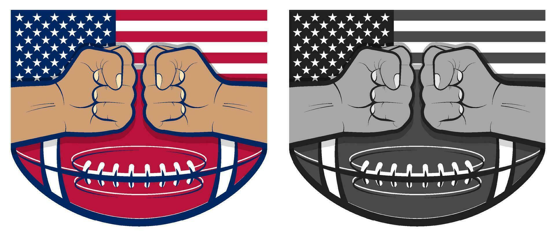 deux fort mains de les athlètes serré dans poing sur Contexte de américain Football Balle et américain drapeau. rivaux dans des sports. vecteur