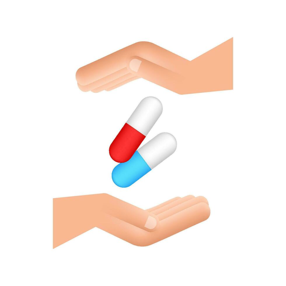capsule pilules dans mains. réaliste pilules cloque avec capsules sur blanc Contexte. vecteur illustration