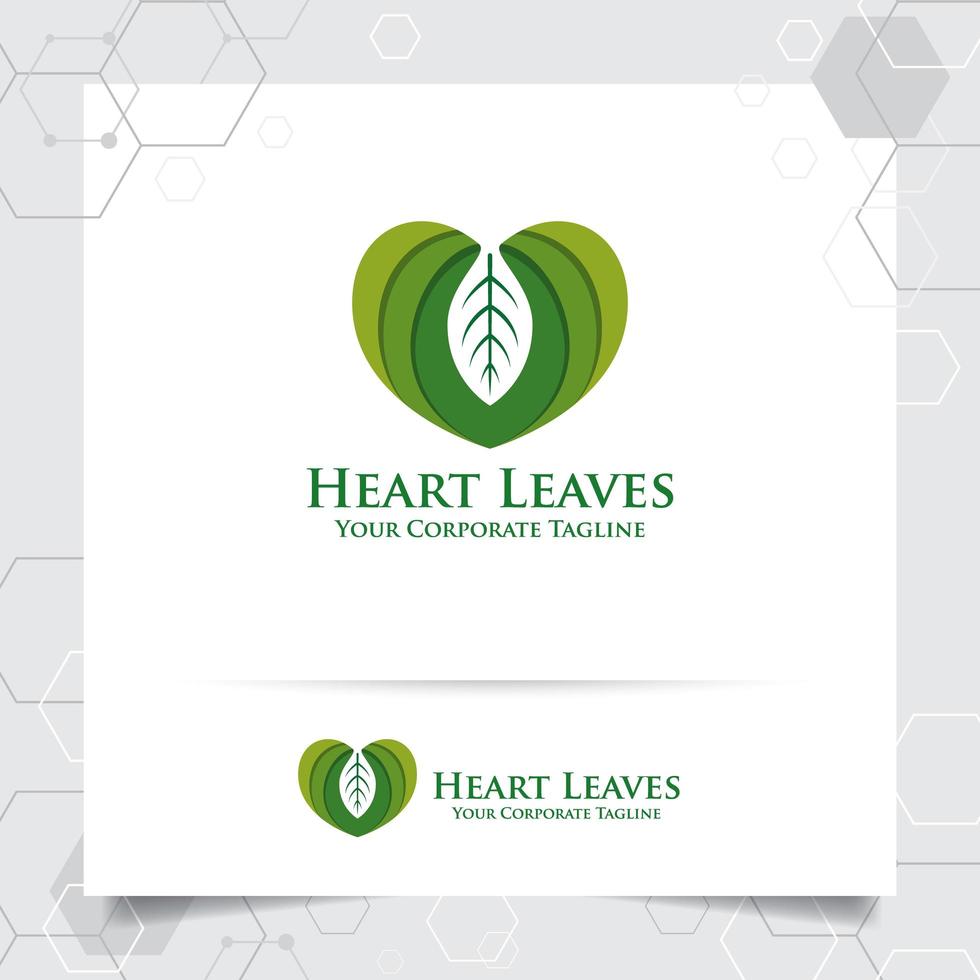 création de logo d'agriculture avec icône de feuilles et vecteur d'amour de coeur.