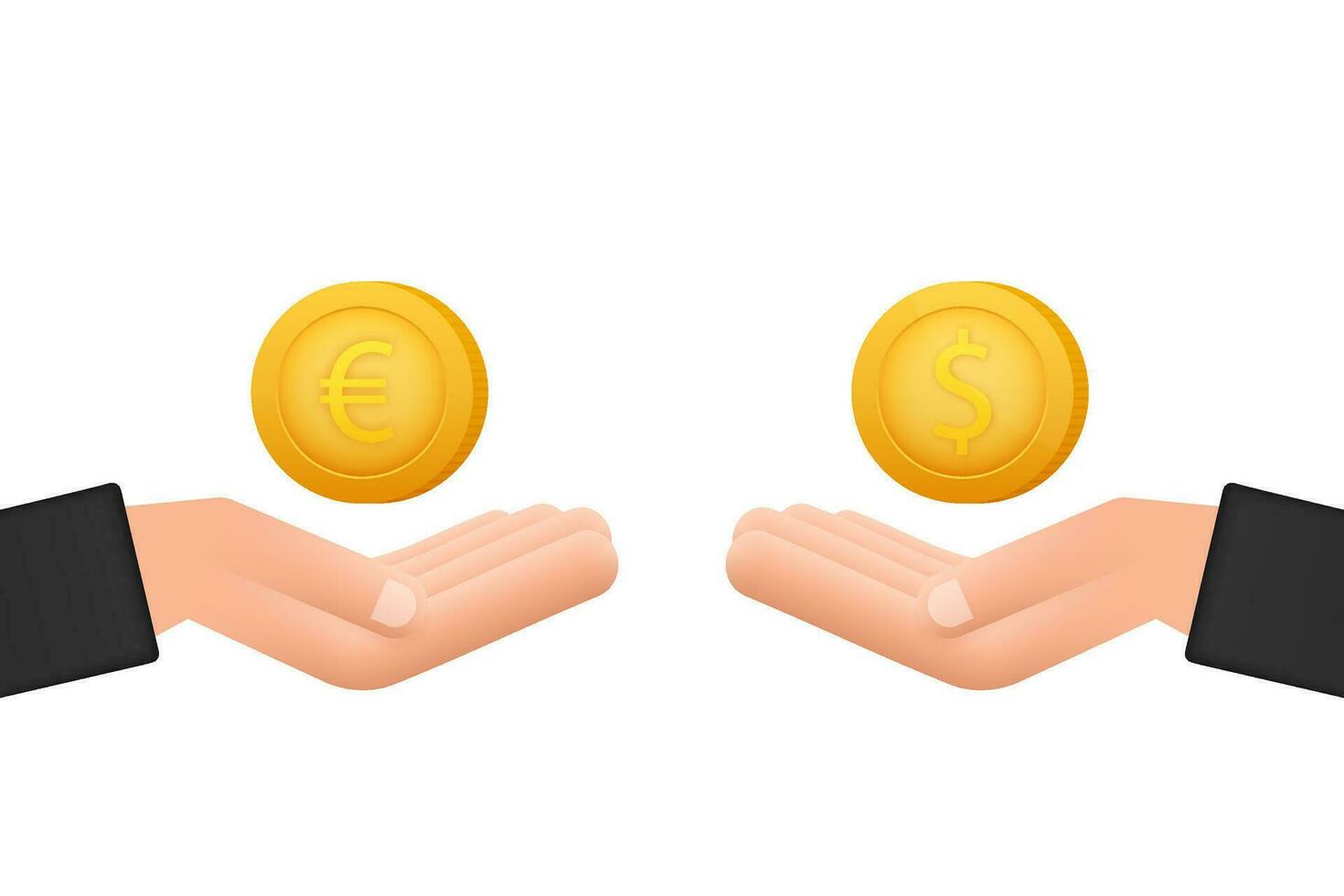 devise échange. pièce de monnaie avec dollar, euro signe. main et pièce de monnaie. vecteur Stock illustration