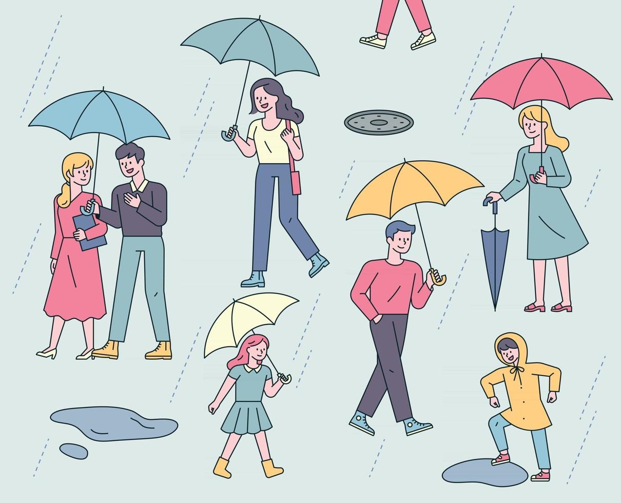 un jour de pluie, de nombreuses personnes dans la rue marchent avec des parapluies. vecteur