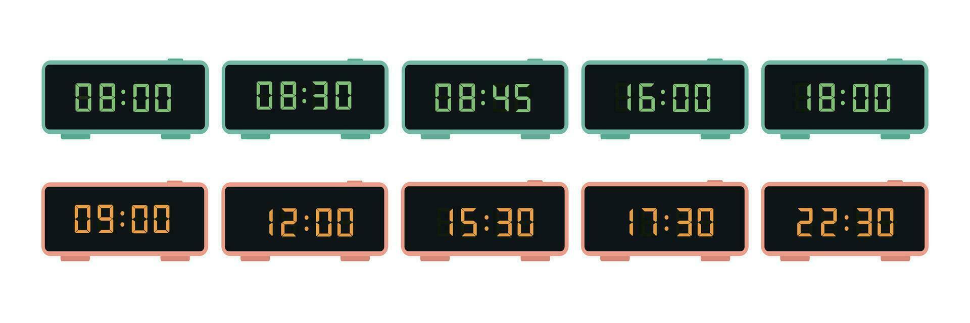 numérique horloge, vecteur illustration. une ensemble de électronique horloges montrant différent fois.