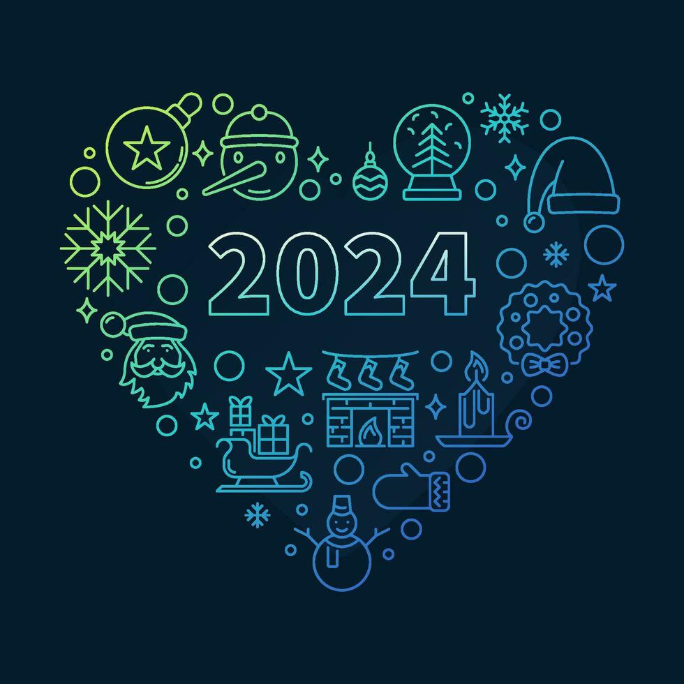Nouveau 2024 année mince ligne cœur en forme de coloré bannière. vecteur joyeux Noël cœur affiche