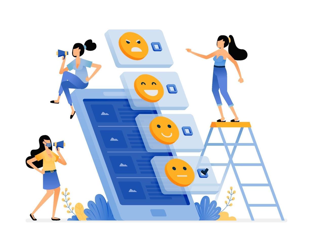remplir un sondage pour obtenir des commentaires sur le service d'application mobile avec des émoticônes d'émotion vecteur