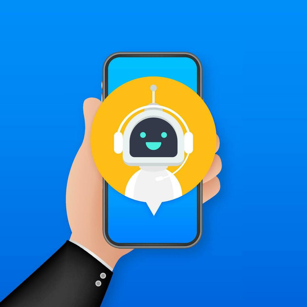 bavarder bot en utilisant sur téléphone intelligent, robot virtuel assistance de site Internet ou mobile applications. voix soutien un service robot. en ligne soutien robot. vecteur Stock illustration