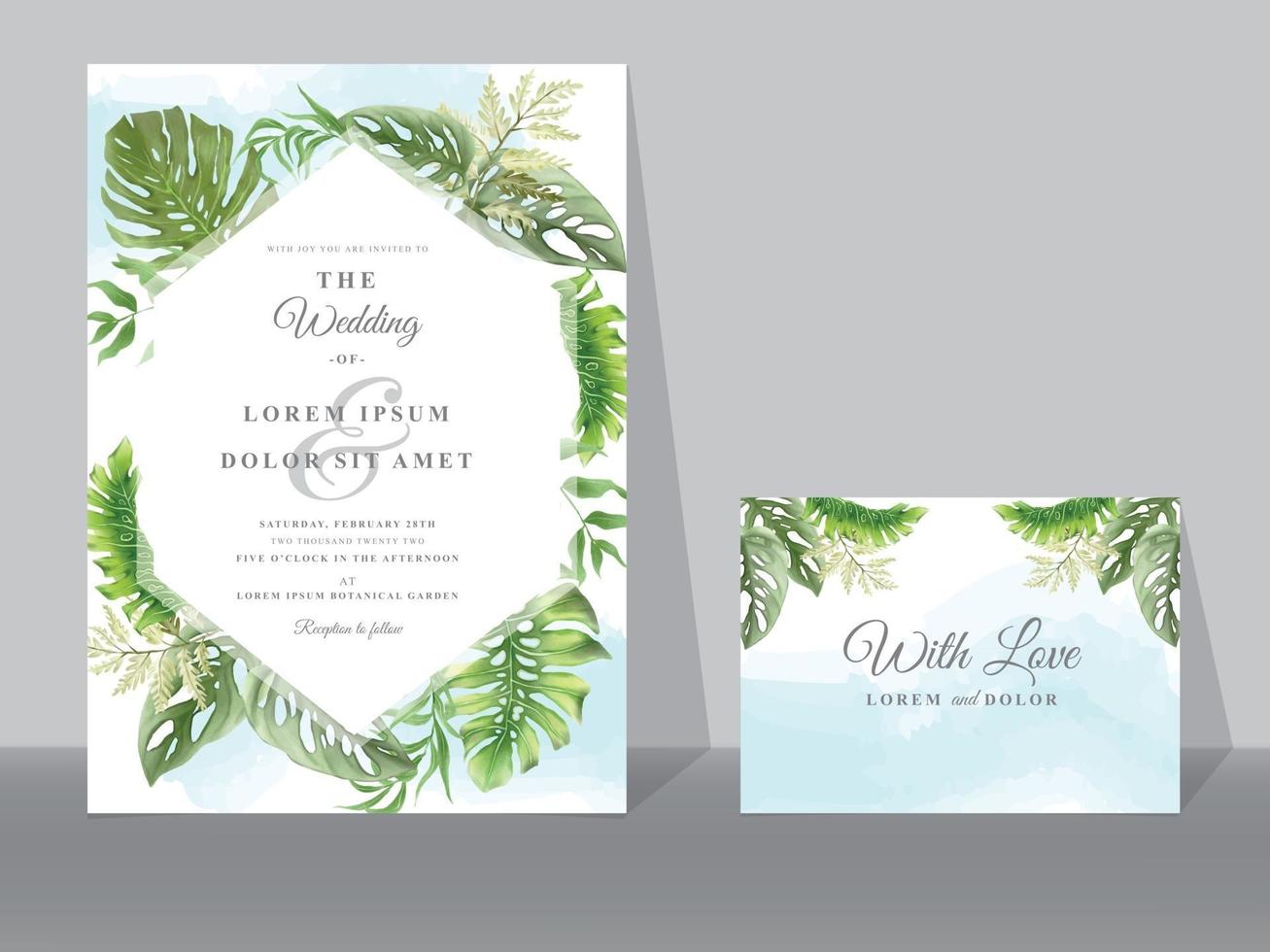 cartes d'invitation de mariage avec des feuilles tropicales de verdure vecteur