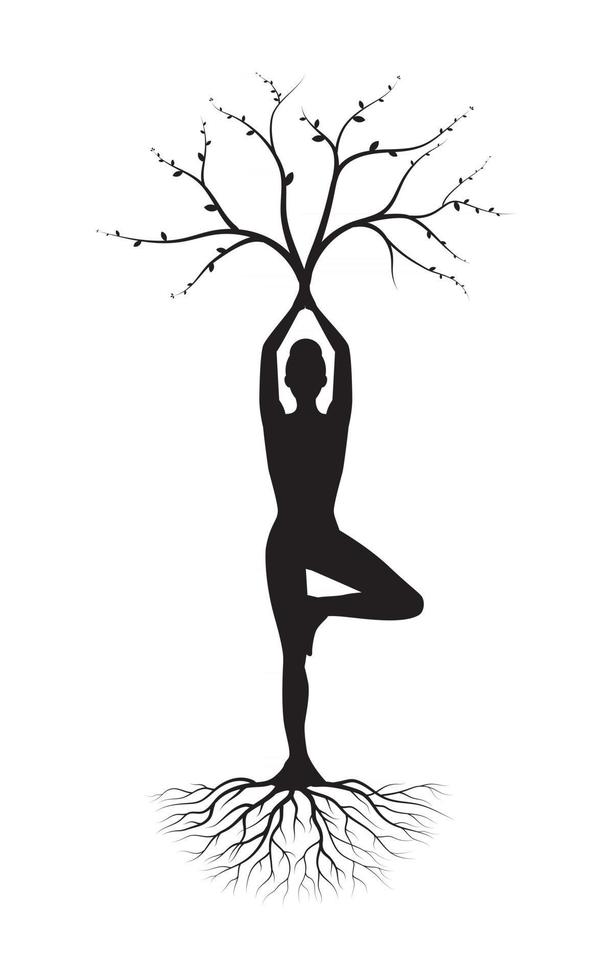 Yoga asana silhouette, pose d'arbre isolé sur fond blanc vecteur