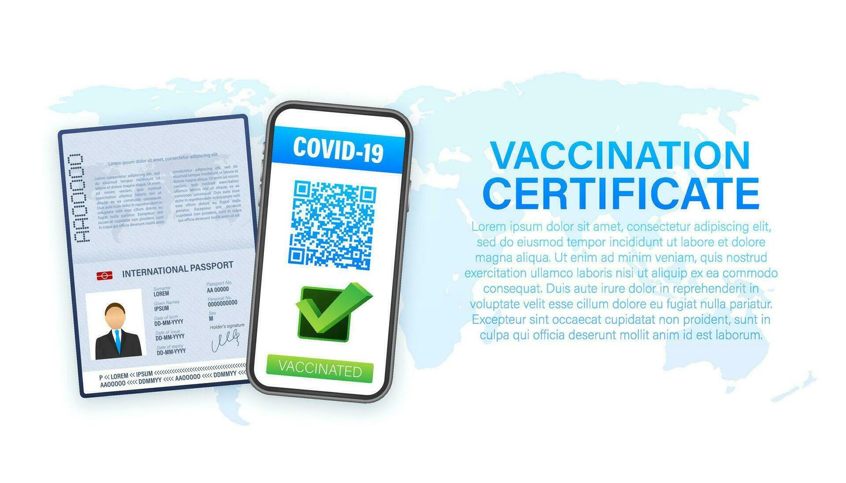 vaccination numérique certificat sur téléphone intelligent. téléphone écran avec qr code et passer vérifier marque vacciné. santé passeport. vecteur Stock illustration