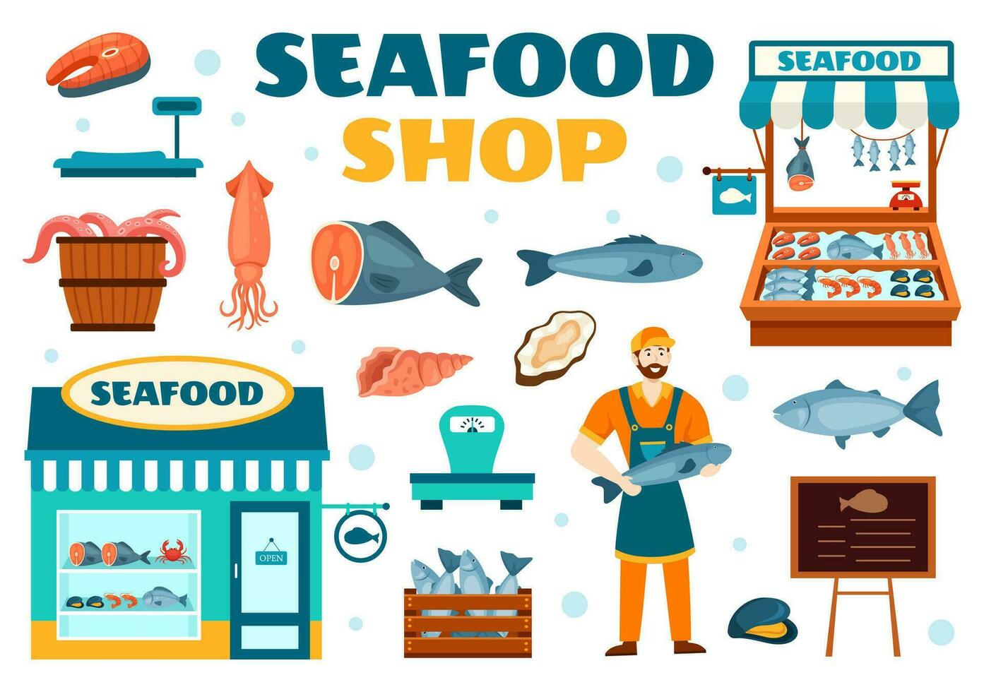 Fruit de mer marché stalle vecteur illustration avec Frais poisson des produits tel comme pieuvre, palourdes, crevette et Homard dans plat dessin animé Contexte conception