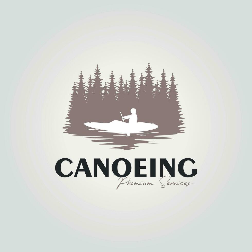 kayak dans le forêt logo, illustration conception de une homme rafting sur une lac, canoë icône vecteur
