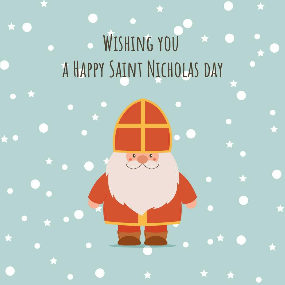 content Saint Nicolas journée. sinterklaas veille. salutation bannière, carte avec mignonne personnage gnome et vœux. hiver vacances journée. vecteur plat illustration.