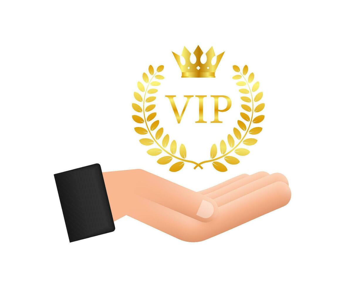 d'or symbole de exclusivité, le étiquette VIP avec briller dans mains. très important la personne VIP icône sur foncé Contexte signe de exclusivité avec brillant vecteur