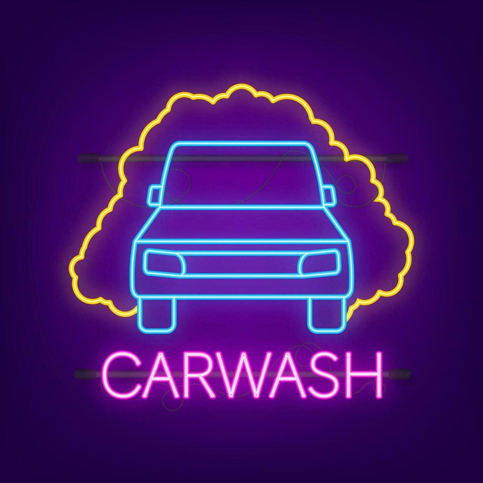 voiture laver véhicule dans mousse néon icône, nettoyage voiture vecteur Stock illustration.