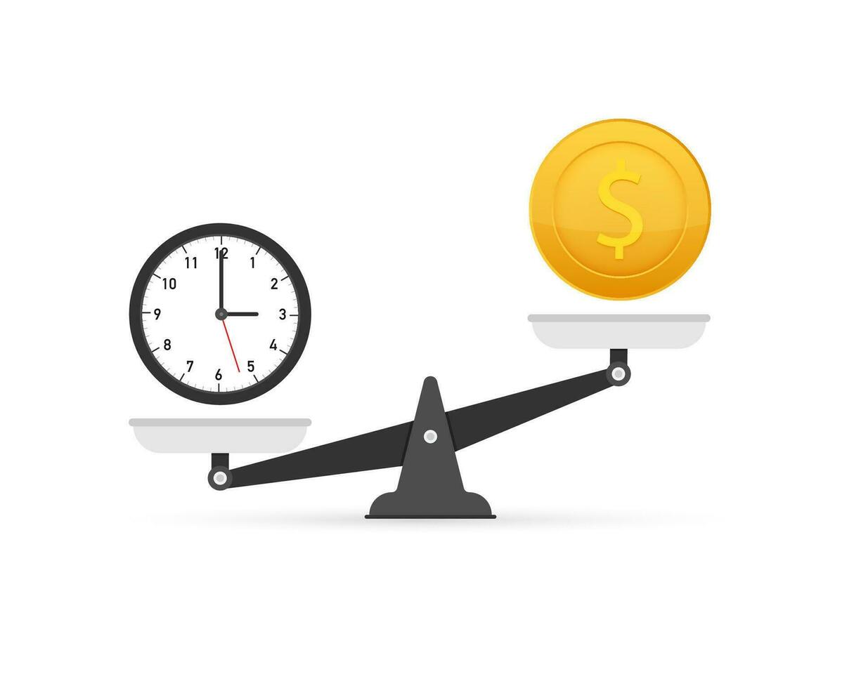 temps est argent sur Balance icône. argent et temps équilibre sur escalader. vecteur illustration.