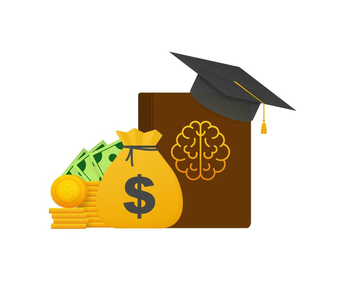 investissement dans éducation. bourse. livres. diplômé s casquette sur empiler d'or pièce de monnaie. vecteur illustration