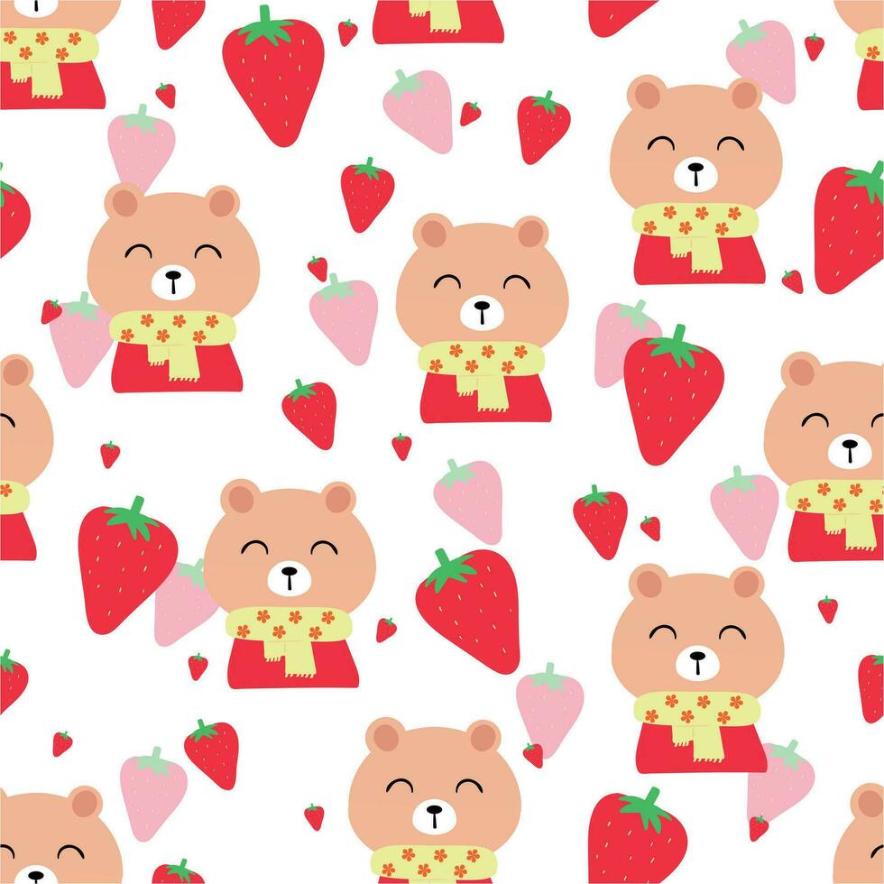 mignonne ours portant une écharpe et des fraises sans couture modèle pour en tissu impressions, textile, cadeau emballage papier. coloré vecteur pour enfants, plat style