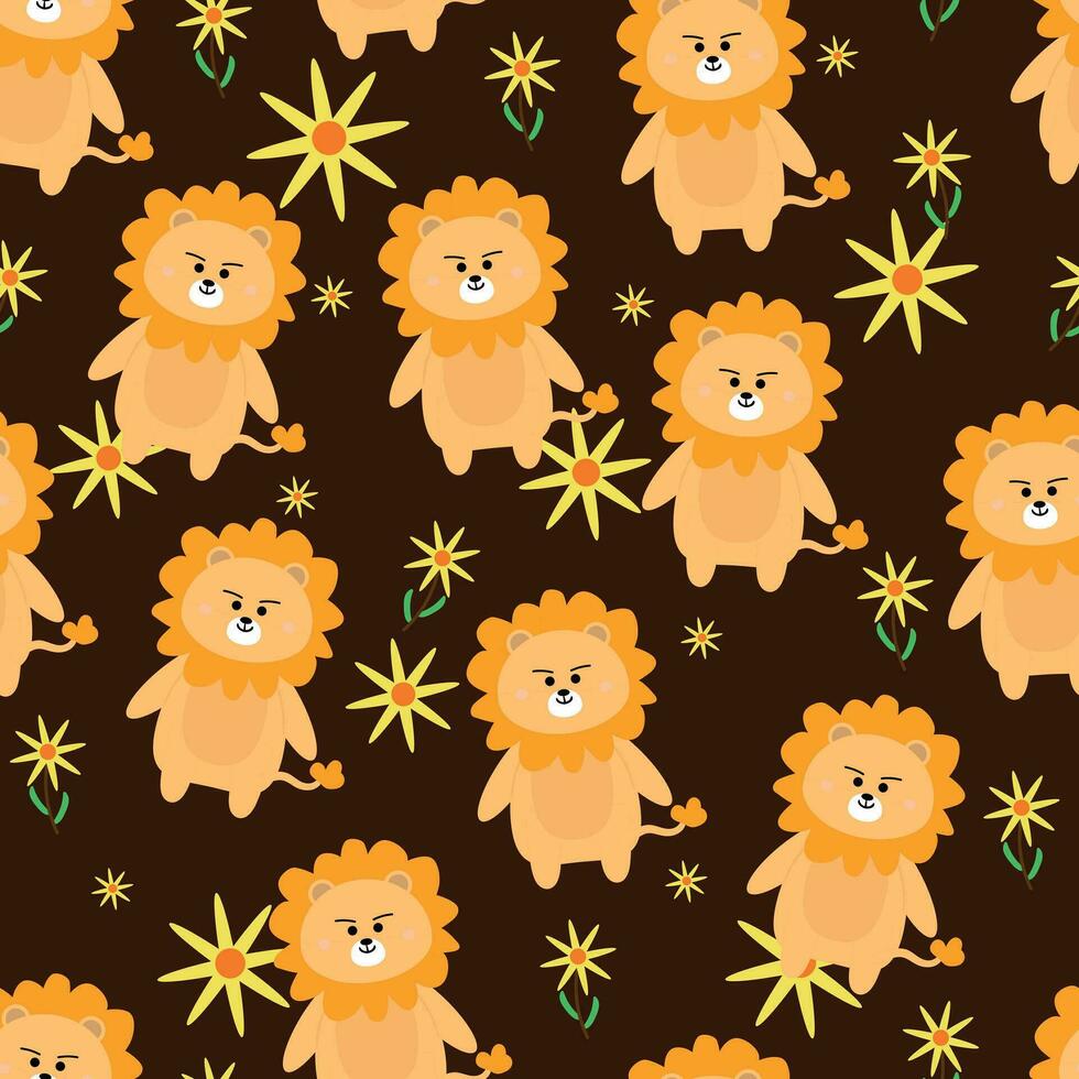 sans couture modèle de Jaune les Lions et fleurs sur une marron Contexte pour en tissu impressions, textile, cadeau emballage papier. coloré vecteur pour enfants, plat style