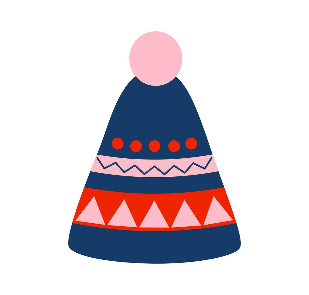 bleu hiver à motifs chapeau avec pom pom, plat vecteur. tricoté couvre-chef. confortable saison. vecteur