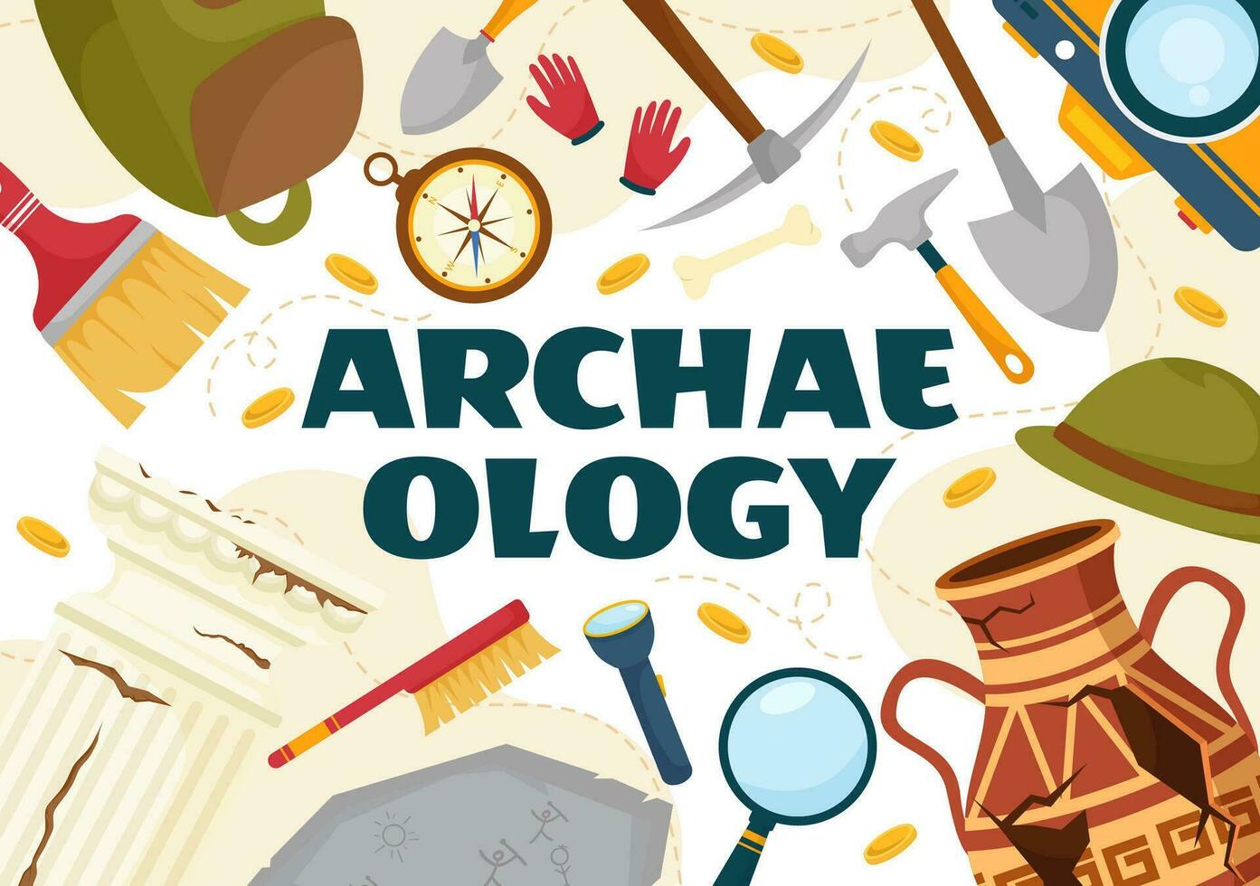 archéologie vecteur illustration avec archéologique les fouilles de ancien ruines, artefacts et dinosaures fossile dans plat dessin animé main tiré modèles