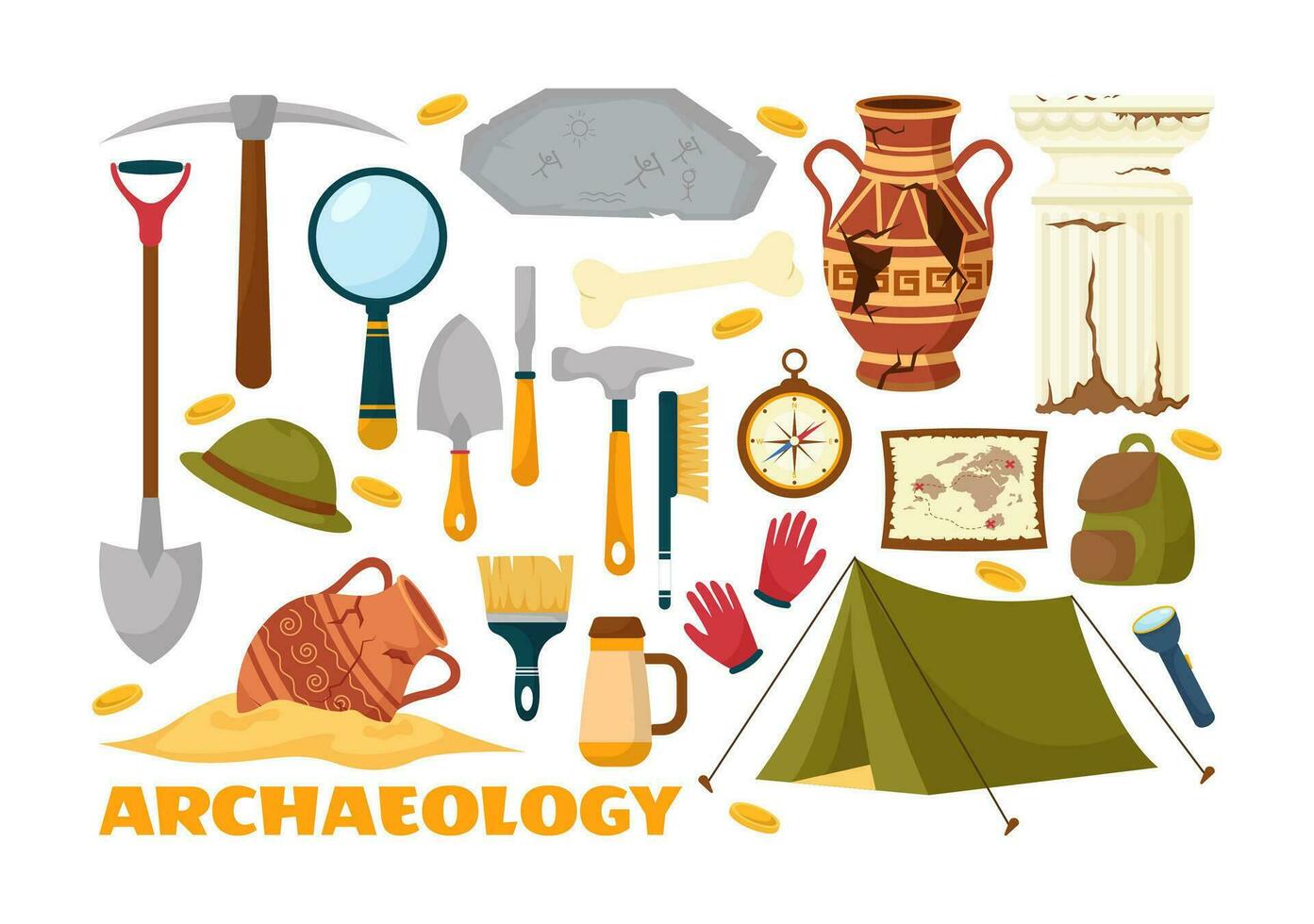 archéologie vecteur illustration avec archéologique les fouilles de ancien ruines, artefacts et dinosaures fossile dans plat dessin animé main tiré modèles