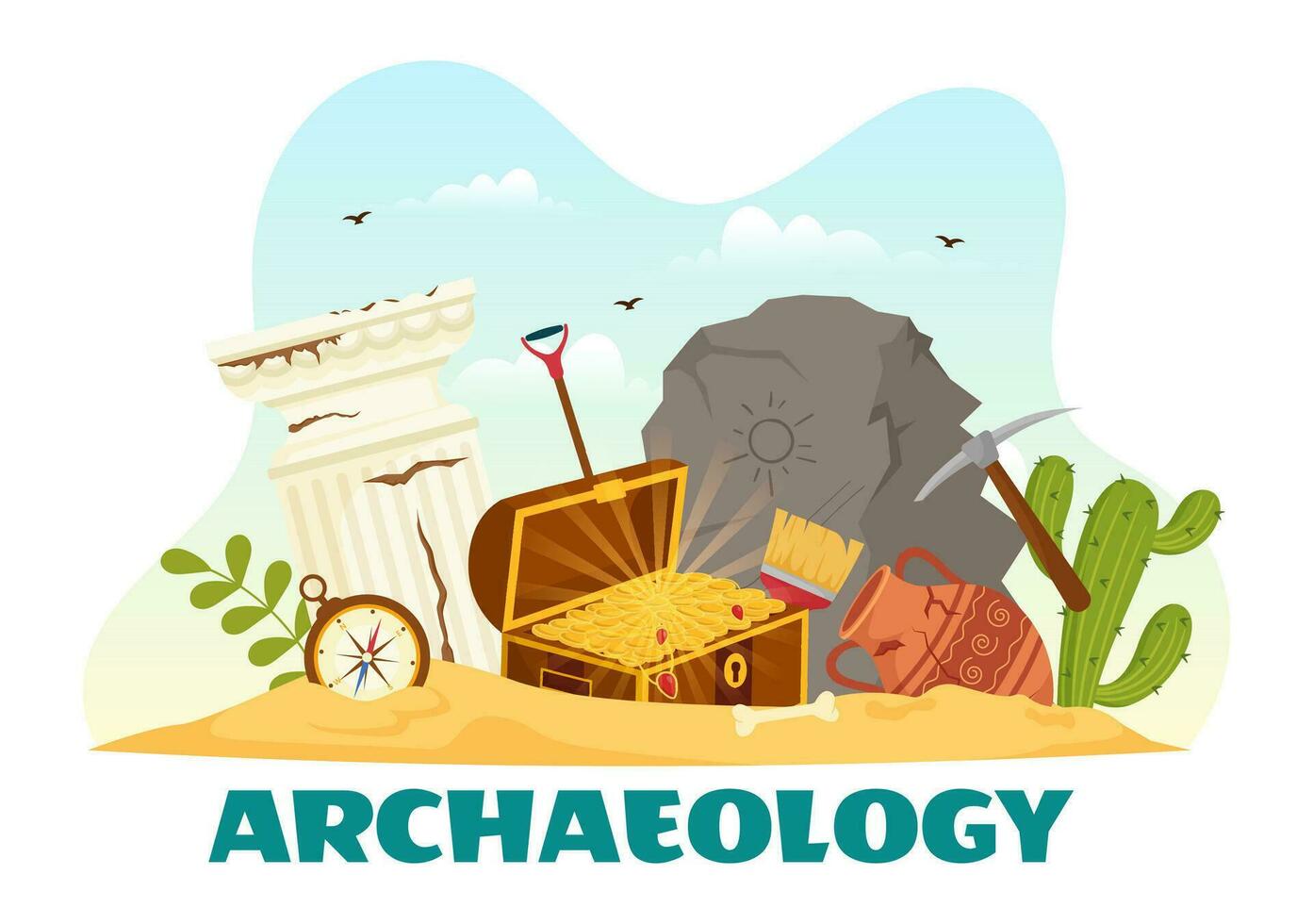archéologie vecteur illustration avec archéologique les fouilles de ancien ruines, artefacts et dinosaures fossile dans plat dessin animé main tiré modèles