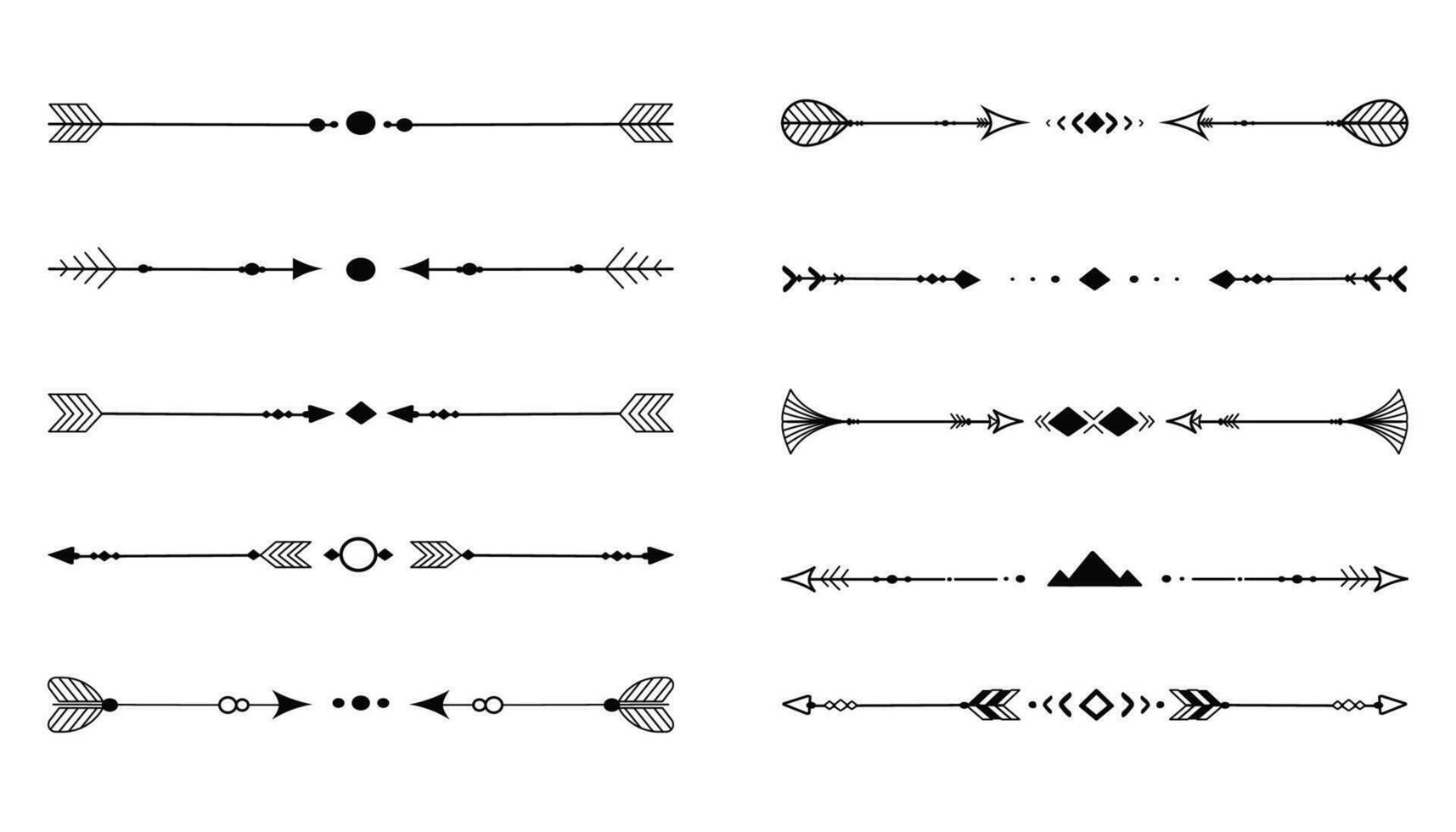 ensemble tribal ethnique La Flèche séparateurs, originaire de Indien arc boho dans griffonnage style isolé sur blanc Contexte. collection les frontières, décoration éléments. vecteur illustration
