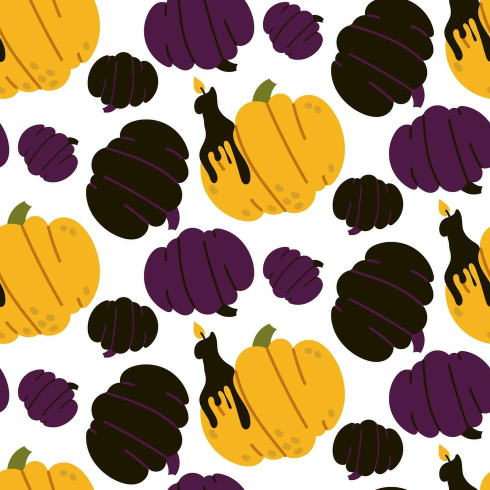 marrant citrouilles avec une sans couture modèle et une noir bougie. jaune, violet et noir citrouilles sur une blanc Contexte. sans couture mignonne texture. sorcière. vecteur illustration dans une plat style pour Halloween