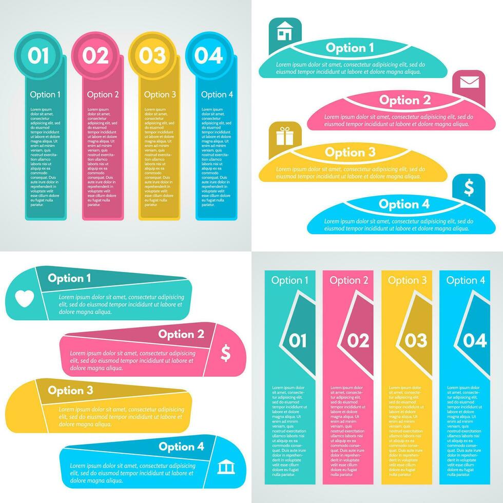 ensemble de quatre étape par étape infographie conception modèle. vecteur illustration