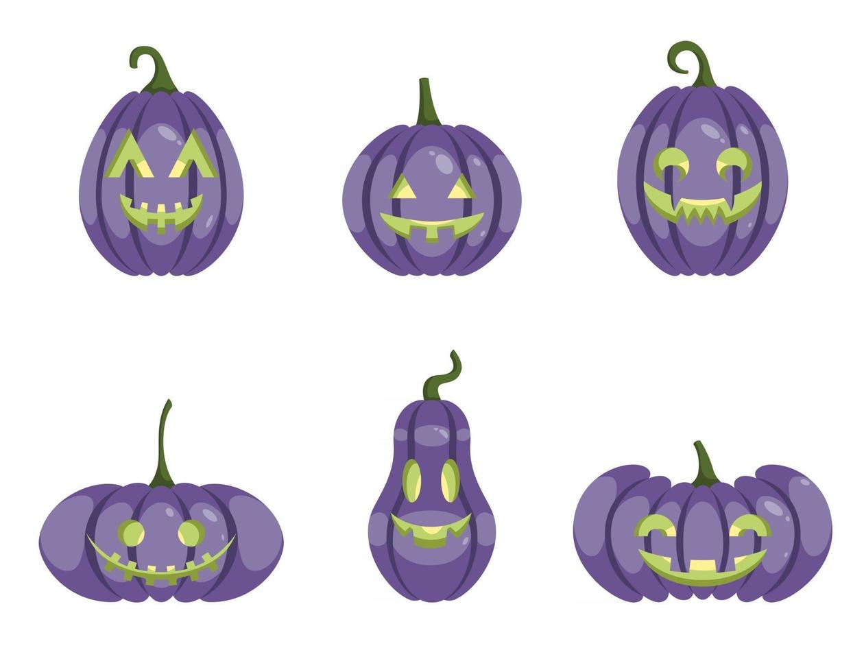 ensemble de visages de citrouilles violettes. symboles d'halloween en style cartoon vecteur
