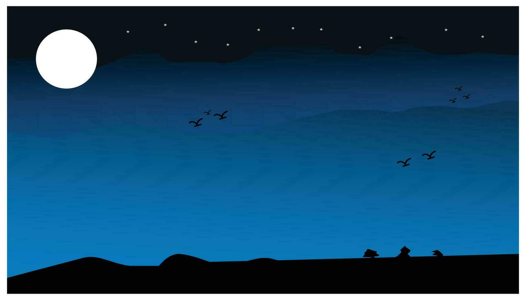 vue de le nuit ciel sur une faible et magnifique colline. accompagné par silhouettes de des oiseaux sur le colline à nuit et brillant clair de lune, vecteur illustration.