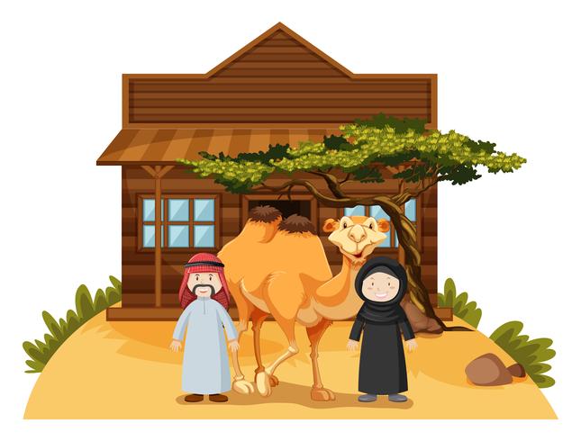 Deux arabes et chameau à la maison vecteur