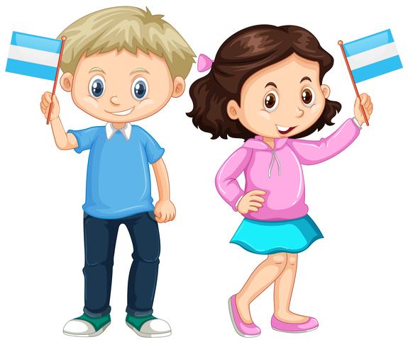 Garçon et fille tenant le drapeau du Nicaragua vecteur
