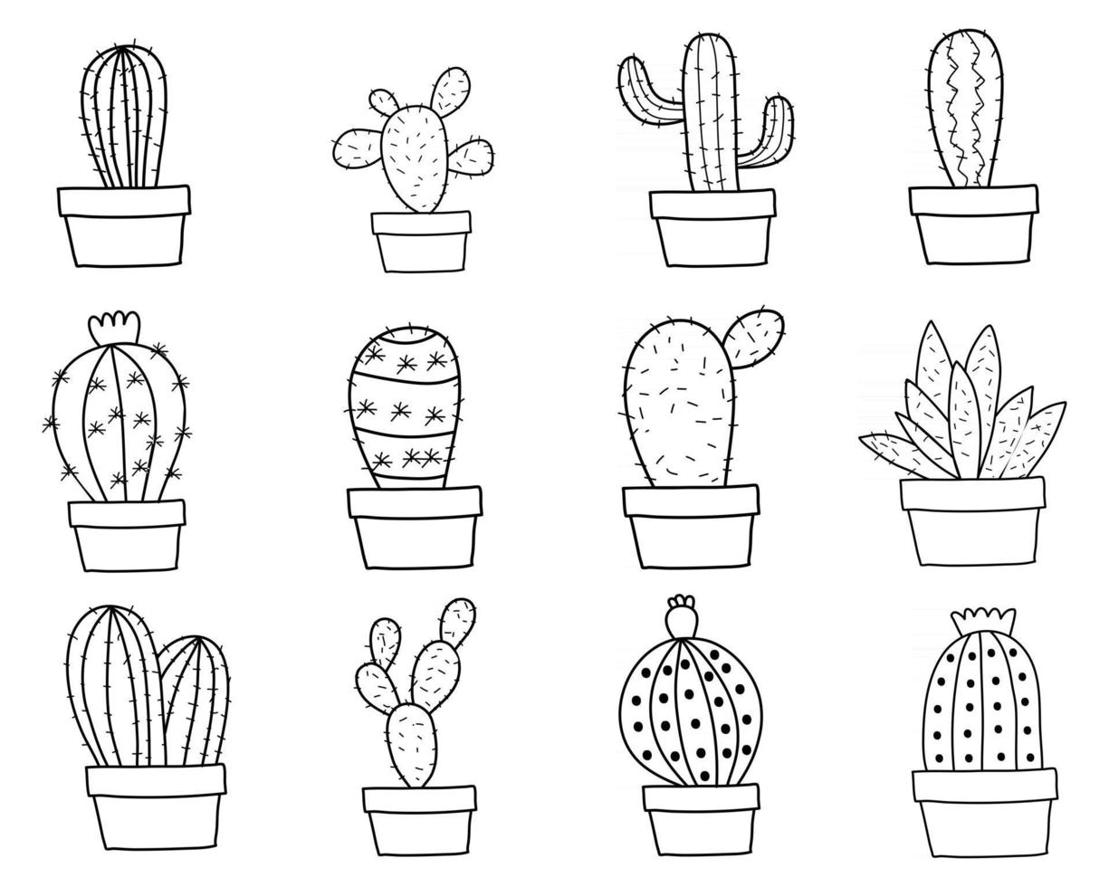 cactus de vecteur dessiné à la main mignon dans les pots