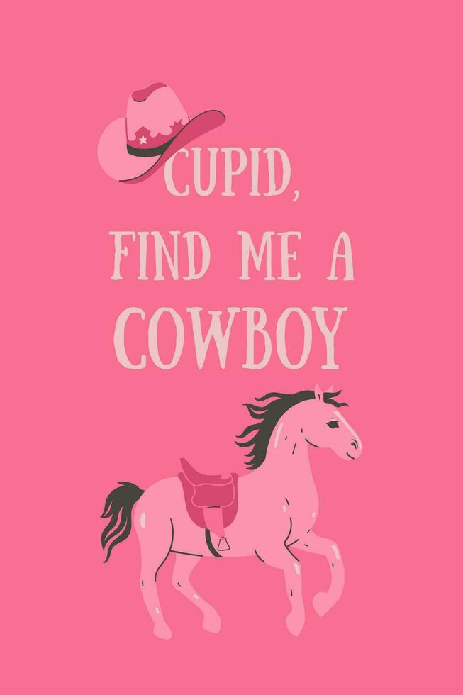 carte postale ou affiche dans rose avec une cheval et une cow-boy chapeau. vecteur graphique.