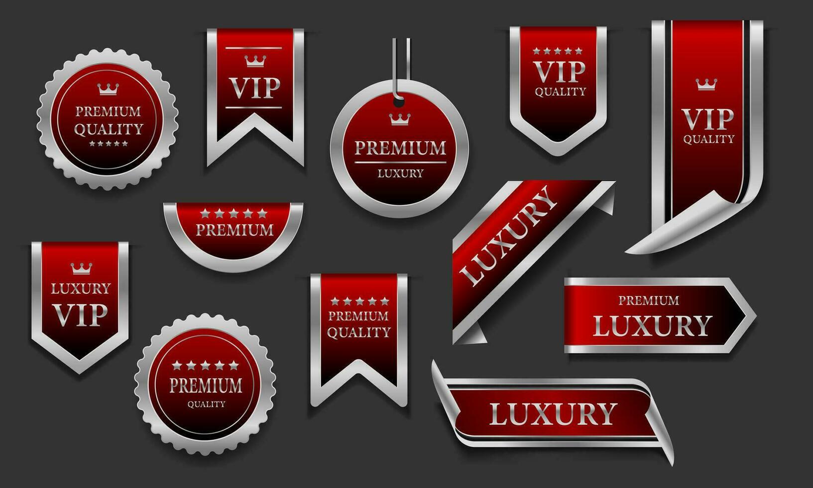 rouge argent luxe prime qualité étiquette badges sur gris Contexte vecteur