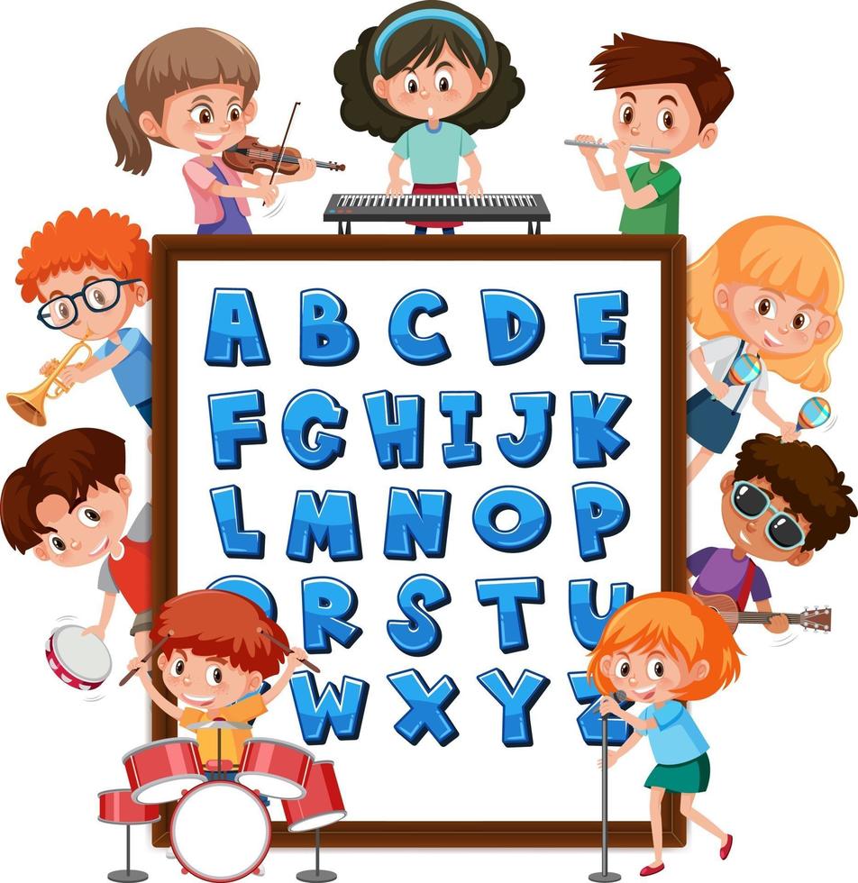 tableau alphabet az avec de nombreux enfants faisant des activités différentes vecteur