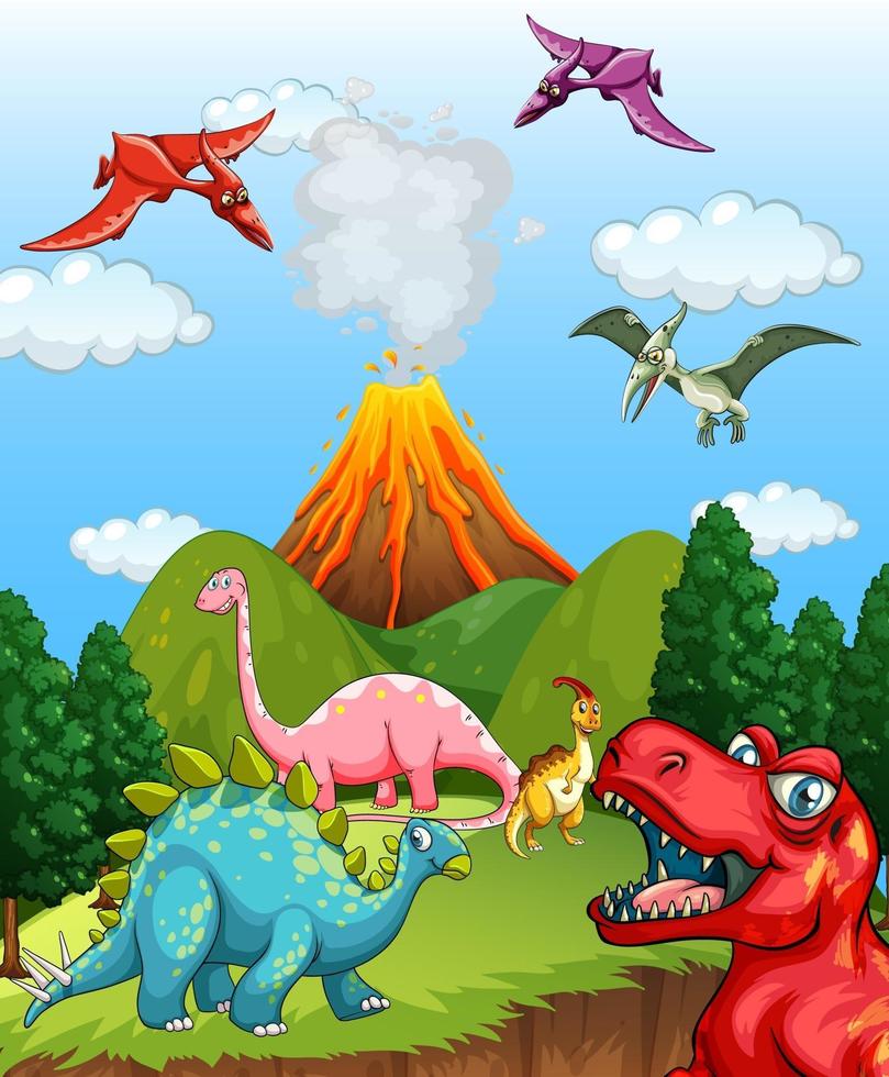 scène de paysage préhistorique avec divers dinosaures vecteur