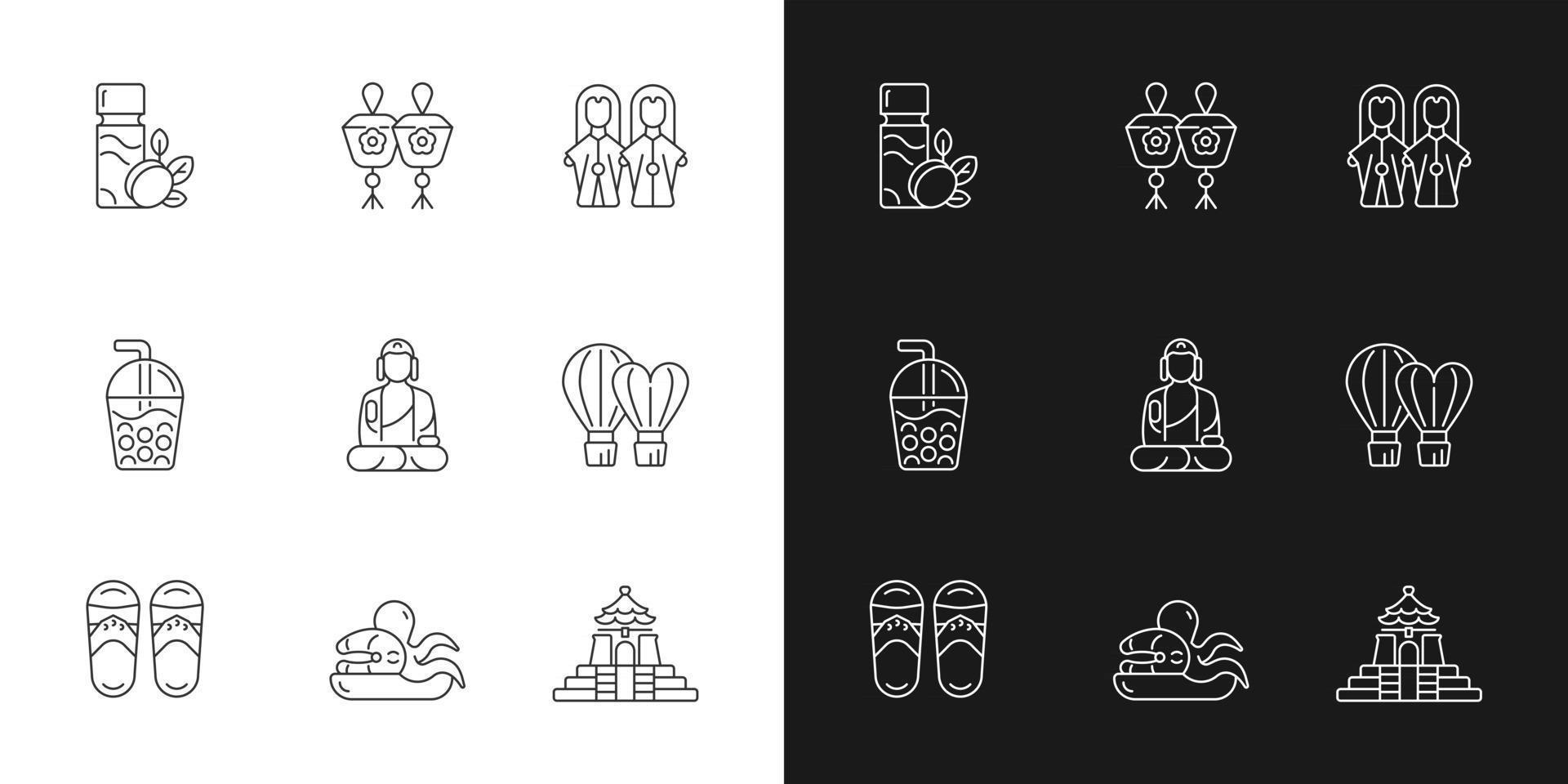 icônes linéaires taïwanaises traditionnelles définies pour le mode sombre et clair. vecteur