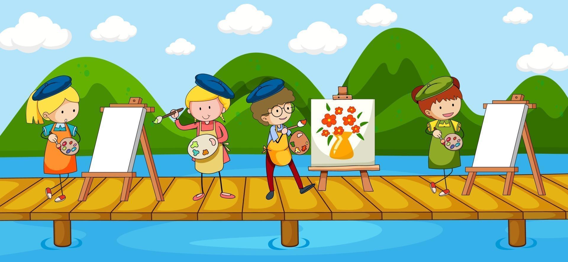 scène avec de nombreux personnages de dessins animés d'artistes sur le pont traversant la rivière vecteur