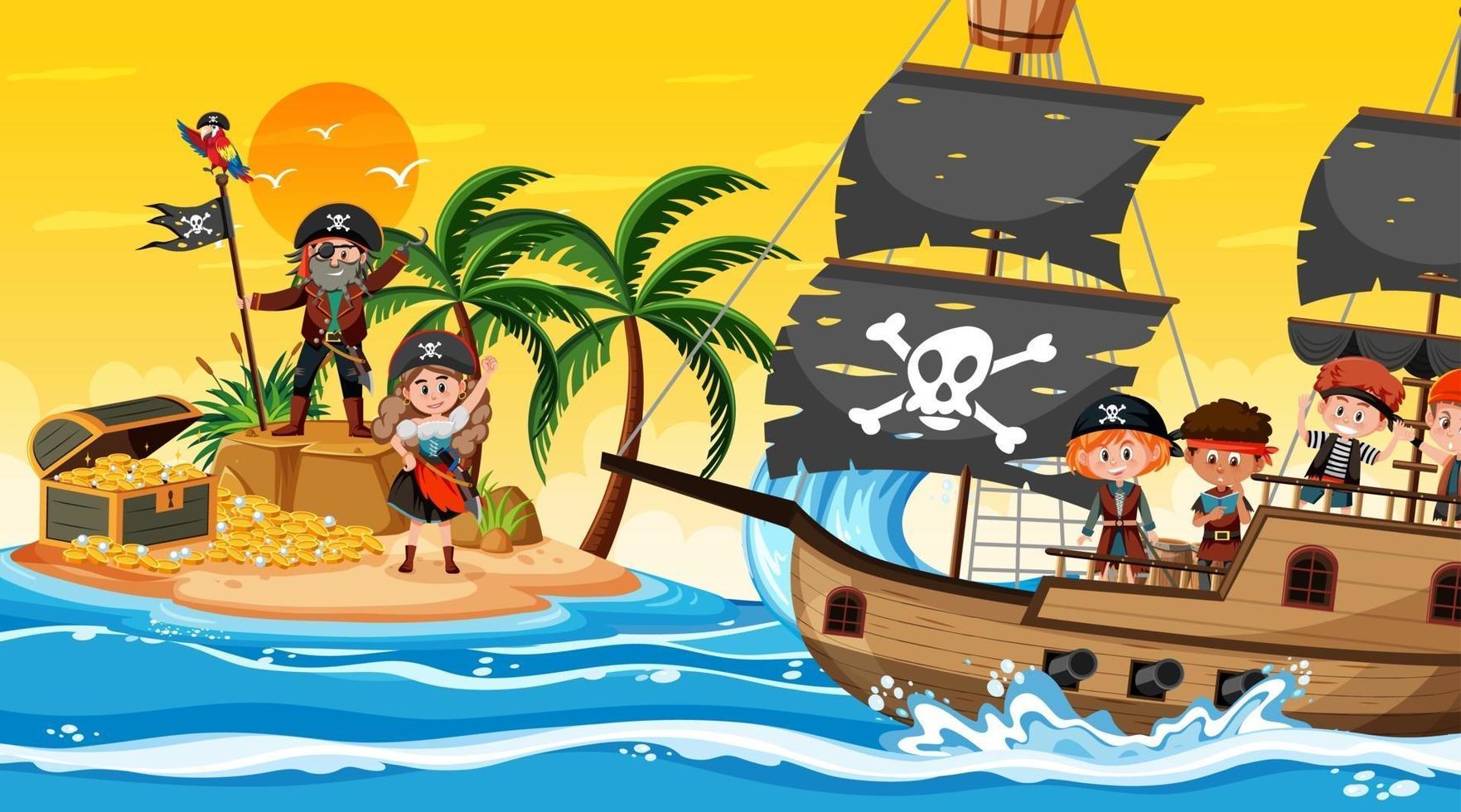 Scène d & # 39; île au trésor au coucher du soleil avec des enfants pirates vecteur