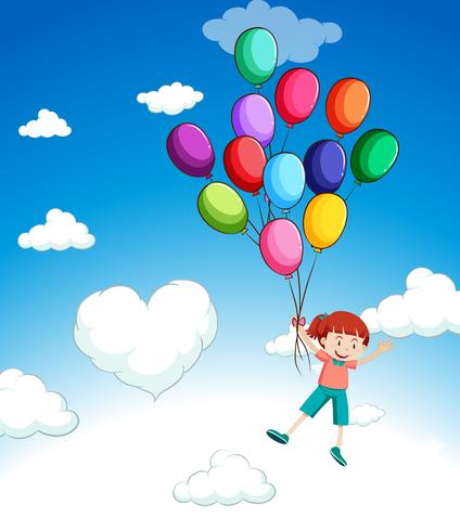 Fille volant avec des ballons dans le ciel vecteur
