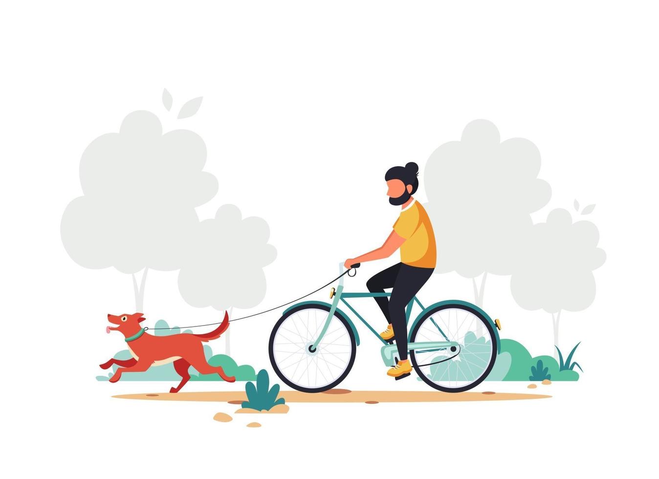 homme faisant du vélo avec un chien. mode de vie sain, concept d'activité de plein air. vecteur